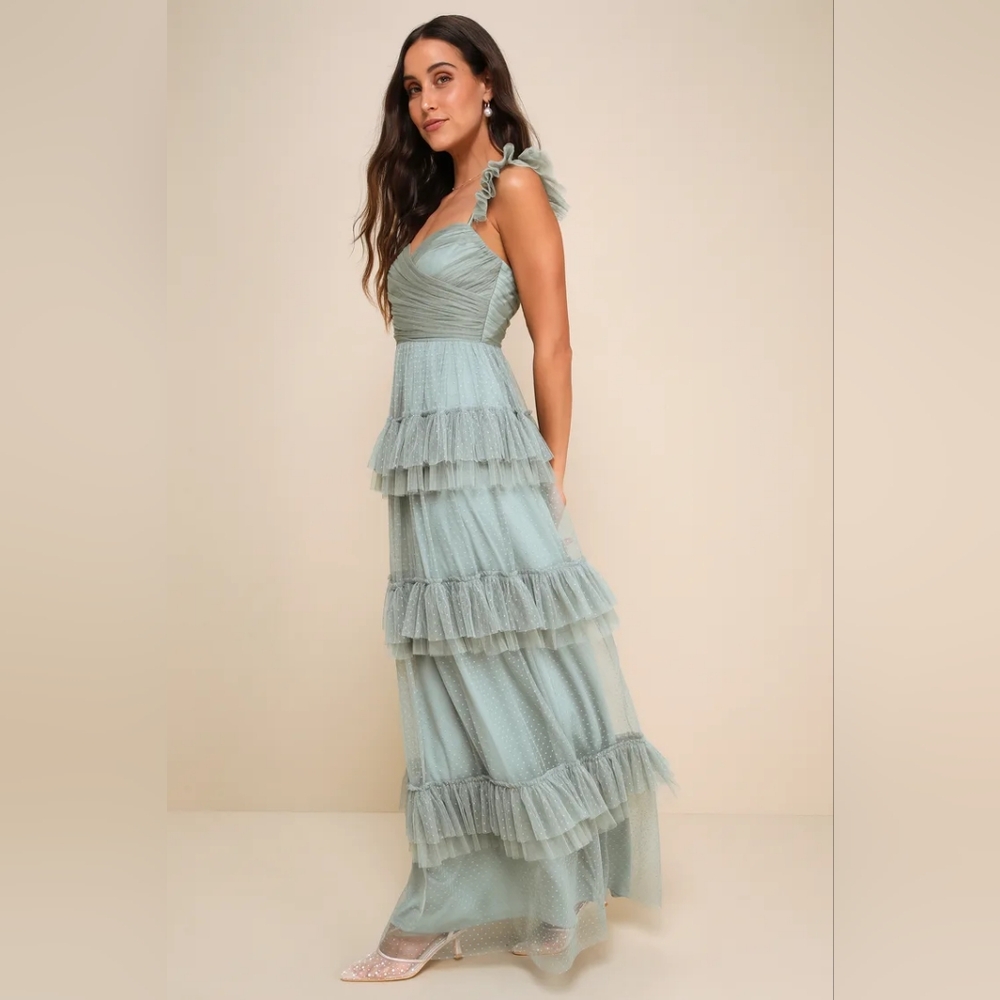 NWT Pure Radiance Sage Brush Mesh Swiss Dot Tiered Maxi Dress by Lulu's - Picture 2 of 4